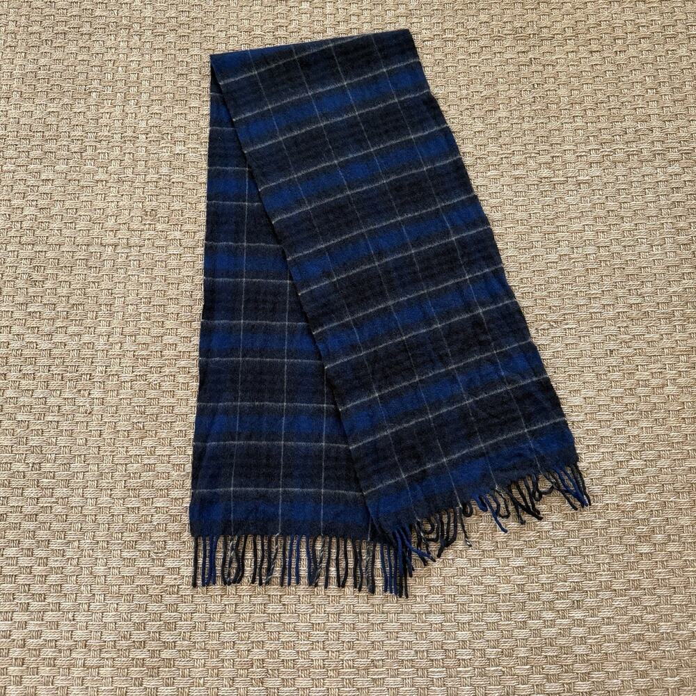 Saks Fifth Avenue 100% Cashmere Blue Plaid Scarf Made In USA